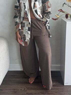 Linen Blend Women’s Wide-Leg Drawstring Pants - Brown (L)